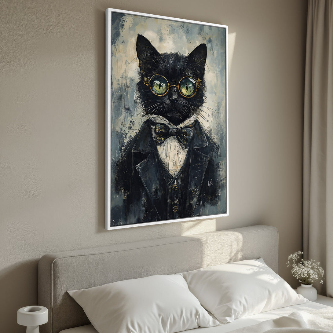 Framed Wall Art of a dapper black cat in a suit. Stylish, modern art with a cool blue, black, and gold color palette. Perfect for any home.