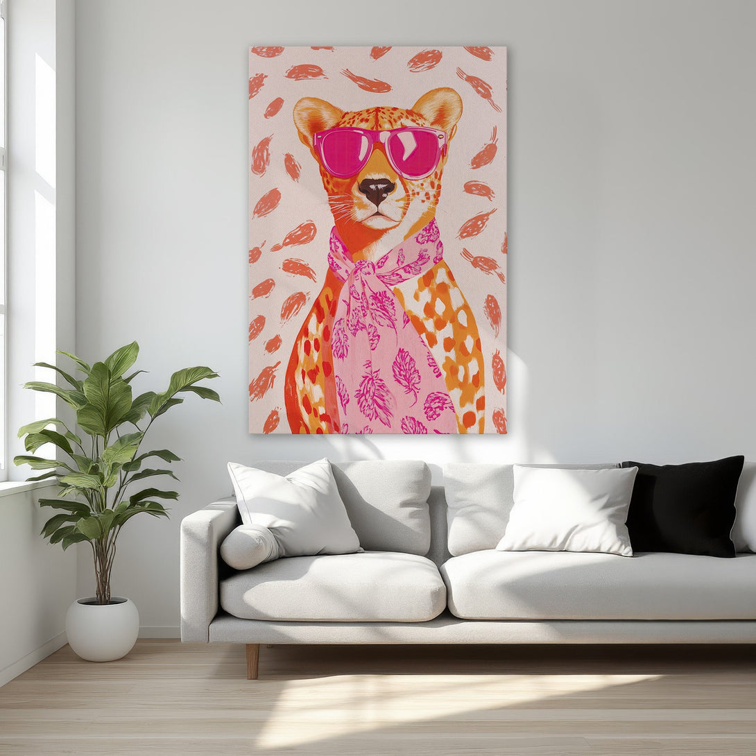 Framed Wall Art: Funky cheetah portrait with pink sunglasses, scarf, and orange accents. Modern, colorful canvas print for a stylish bedroom.