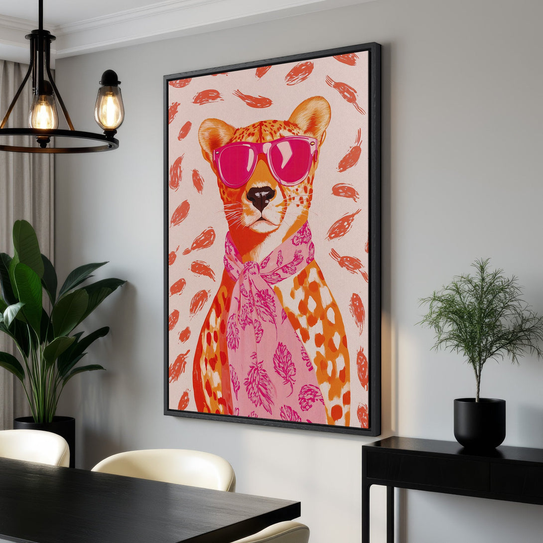 Framed Wall Art: Stylish cheetah portrait in vibrant pink and orange hues. Modern, pop art style canvas print for a chic interior. Shop now!