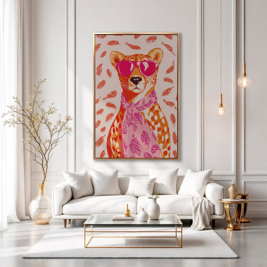 Framed Wall Art: Playful cheetah portrait with pink sunglasses & scarf. Modern art in warm orange & pink tones. Perfect for adding personality to any room.