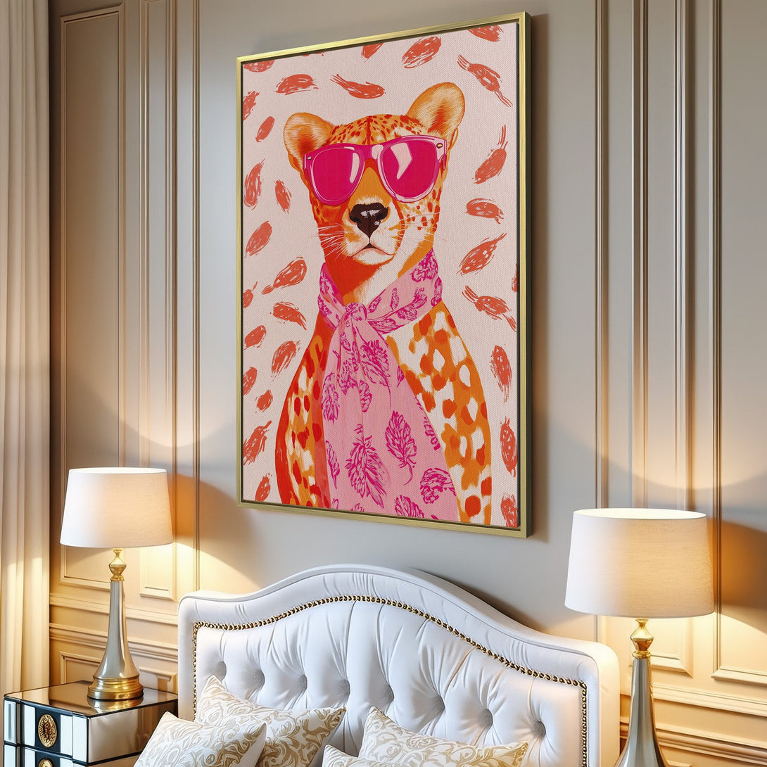 Canvas Print featuring a stylish cheetah in sunglasses and scarf. Modern, colorful wall art with a pink and orange palette. Perfect for a chic interior!