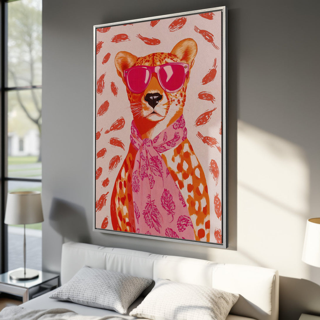 Framed Wall Art featuring a stylish leopard in pink sunglasses and scarf. Modern art with a vibrant pink, orange, and red color palette. Perfect for home decor.
