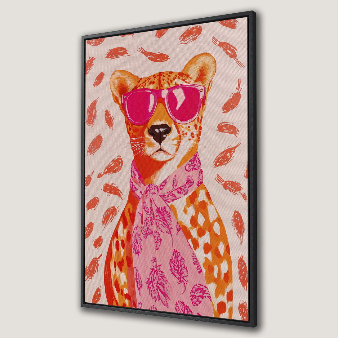 Framed Wall Art featuring a stylish cheetah wearing sunglasses and a scarf. Modern, colorful art with a pink and orange palette. Perfect for adding personality to your space!