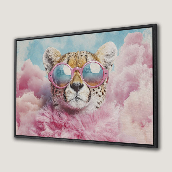 Framed Wall Art: Funky cheetah wearing pink sunglasses in a cloud of pink. Modern art with a playful, colorful palette.