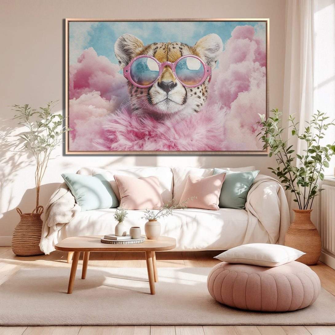 Framed Wall Art: Playful cheetah wearing sunglasses in a dreamy pink and blue cloudscape. Modern, whimsical art piece for a stylish interior.