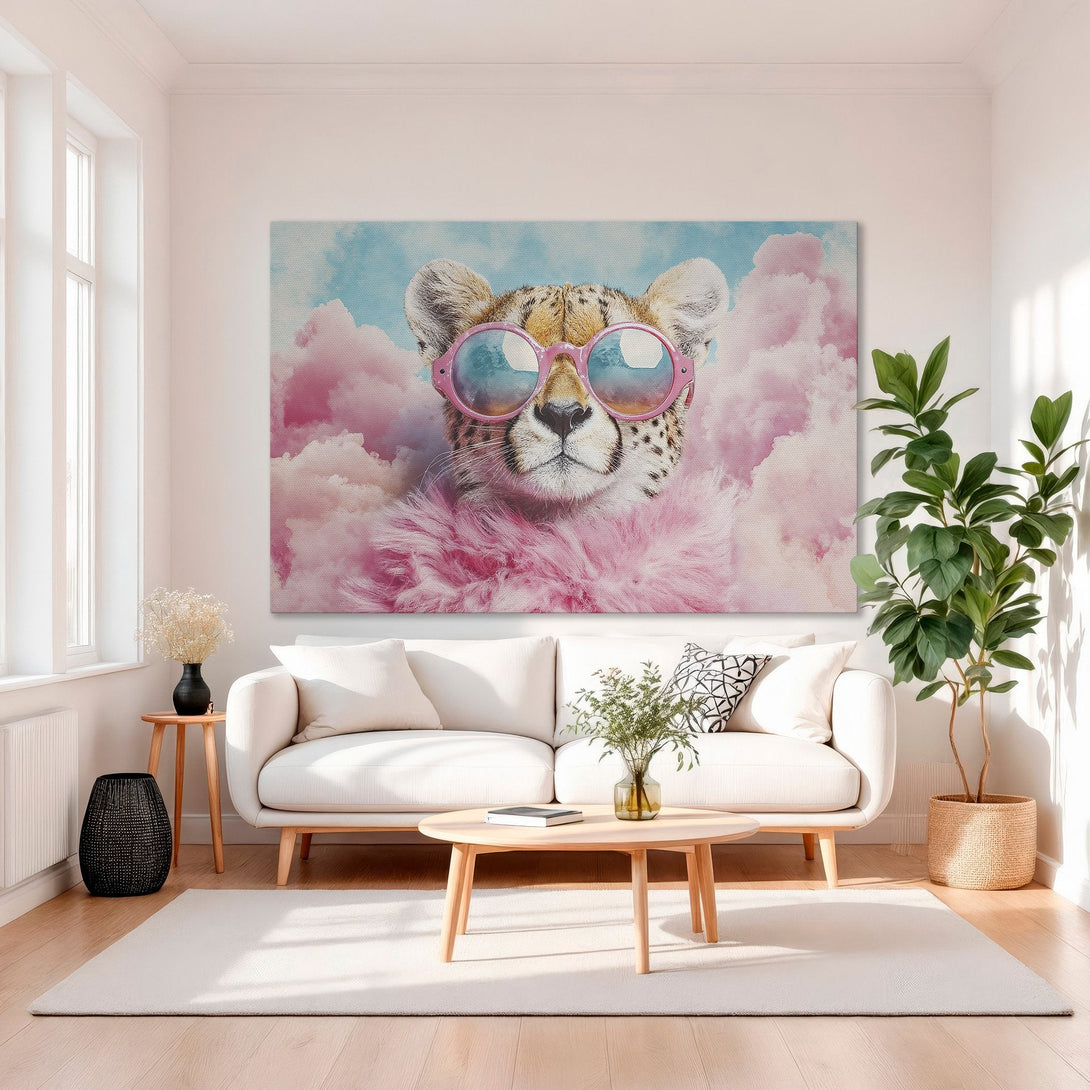 Framed Wall Art: Cool cheetah in pink sunglasses & fluffy scarf, pop art style. Pastel pink & blue color palette. Perfect for a stylish home!
