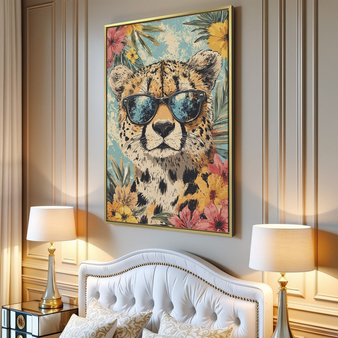 Canvas Print featuring a cool cheetah wearing sunglasses, surrounded by flowers. Vintage style art with a warm, colorful palette. Perfect wall decor!