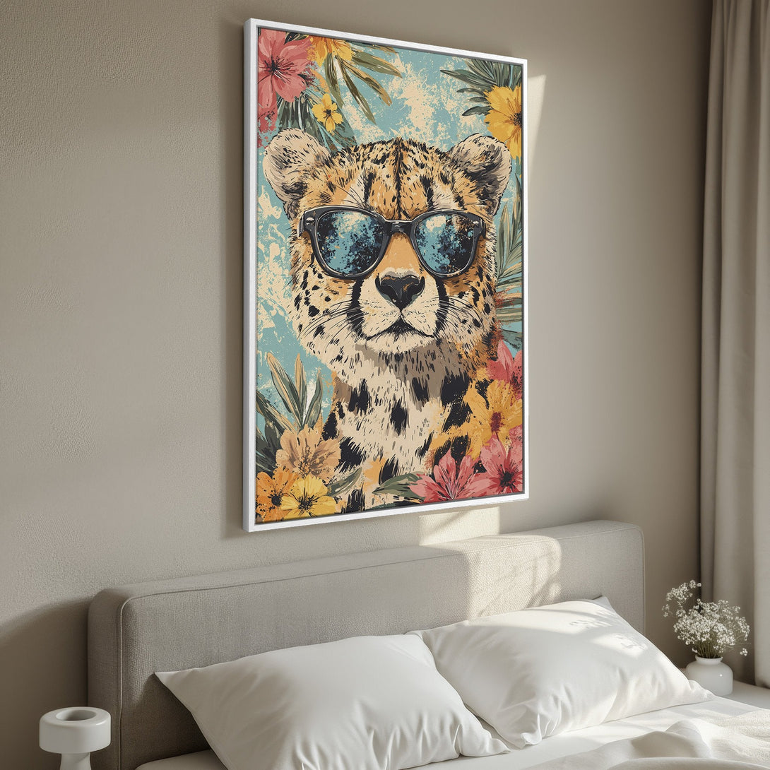 Framed Wall Art featuring a cool cheetah wearing sunglasses, surrounded by tropical flowers. Vibrant colors on a textured background. Perfect for modern decor.