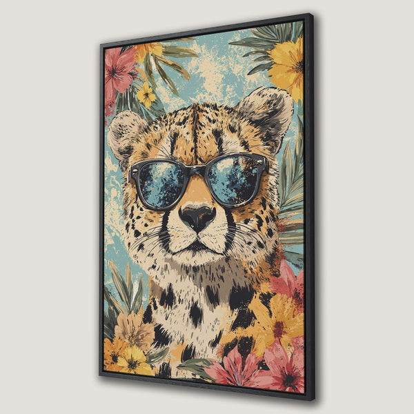 Framed Wall Art: Cool cheetah wearing sunglasses, surrounded by tropical flowers. Vintage style, warm color palette. Perfect for adding personality to your space!