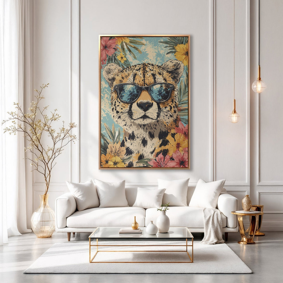 Framed Wall Art: Cool cheetah in sunglasses, floral background. Modern style, warm color palette. Perfect for living room decor.