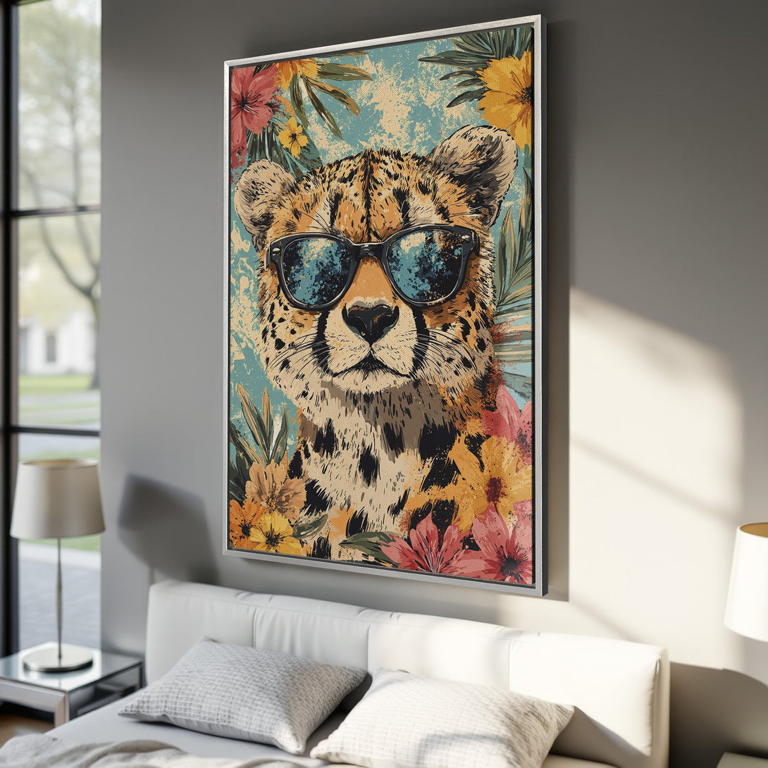 Framed Wall Art: Cool cheetah wearing sunglasses, surrounded by flowers. Tropical style with a vibrant, warm color palette. Perfect for adding personality to your space!
