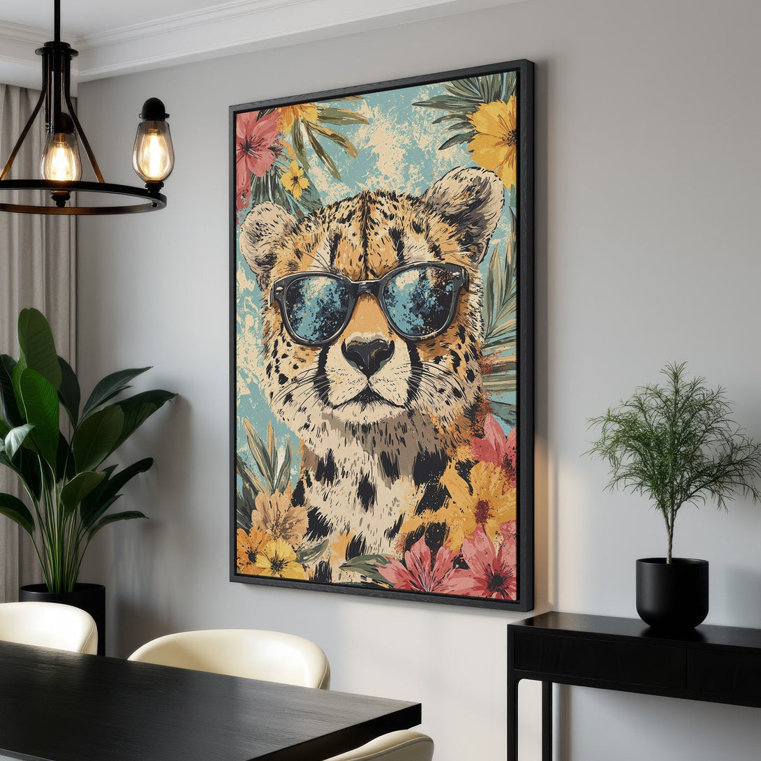 Framed Wall Art: Cool cheetah wearing sunglasses, vibrant floral background, retro style, warm color palette. Perfect for modern home decor.