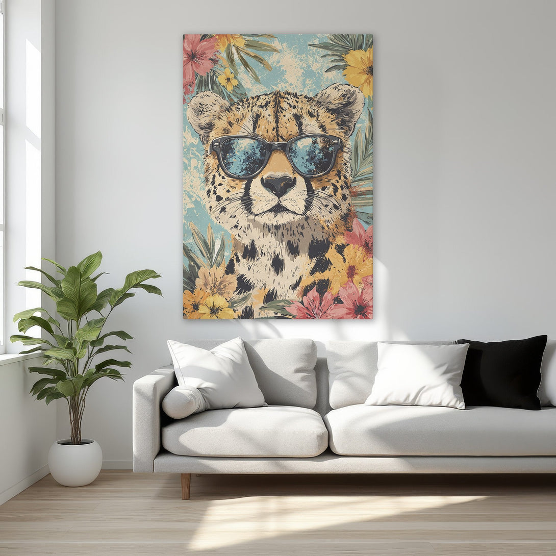 Framed Wall Art: Cool cheetah portrait with sunglasses, tropical floral accents. Colorful canvas print in a bedroom setting. Modern decor, vibrant palette.