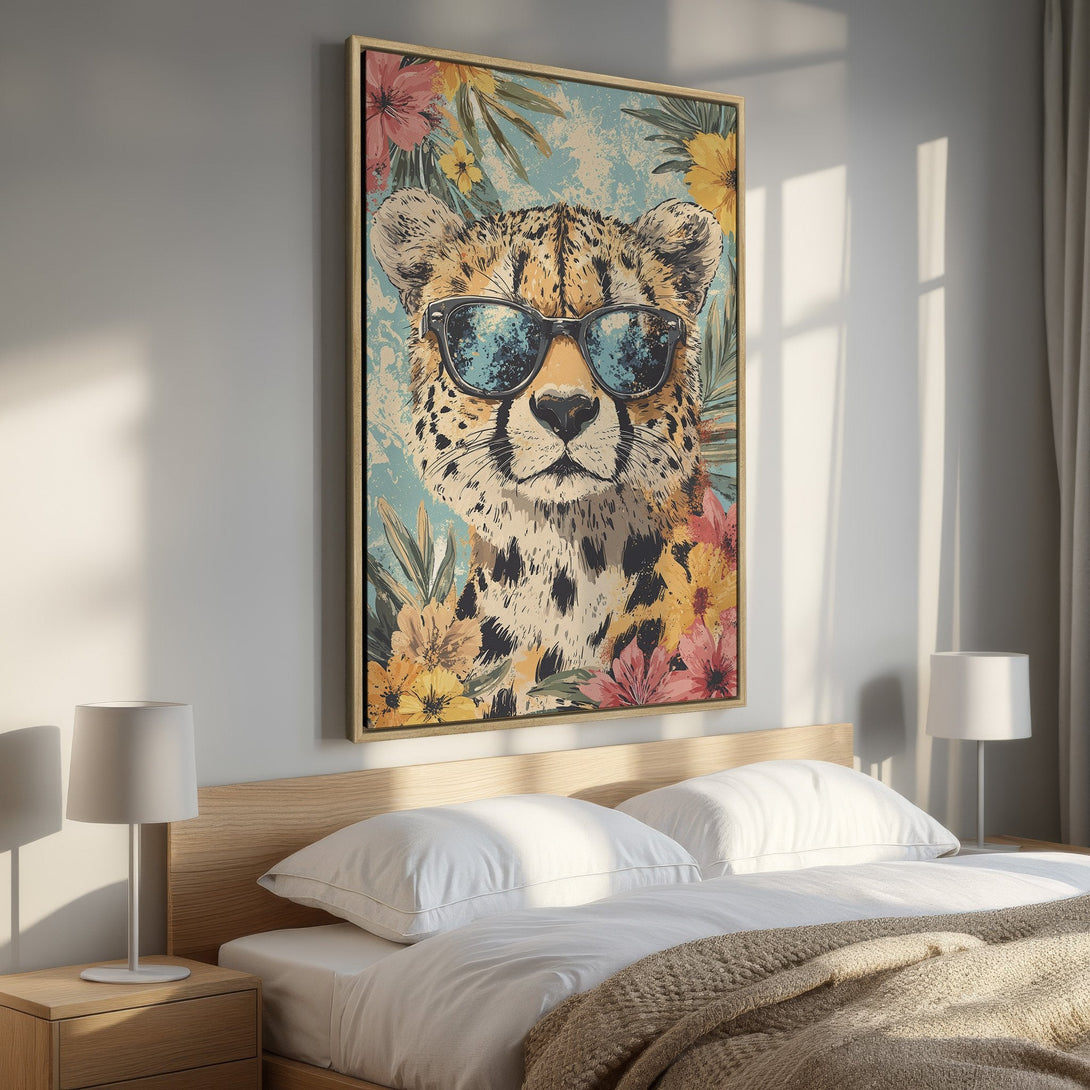 Framed Wall Art: Cool cheetah portrait with sunglasses, floral background. Earthy tones and vibrant colors. Perfect bedroom decor. Shop now!
