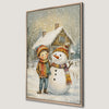 Whimsical Child and Snowman Winter Scene Canvas Print