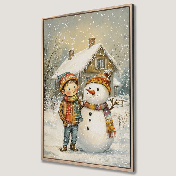 Framed Wall Art: Watercolor painting of a boy and snowman in a snowy winter scene. Cozy, warm color palette. Perfect for holiday decor.