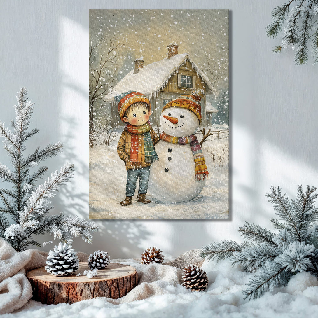 Framed Wall Art: Cozy winter scene Canvas Print with boy & snowman, warm color palette, perfect for holiday decor.