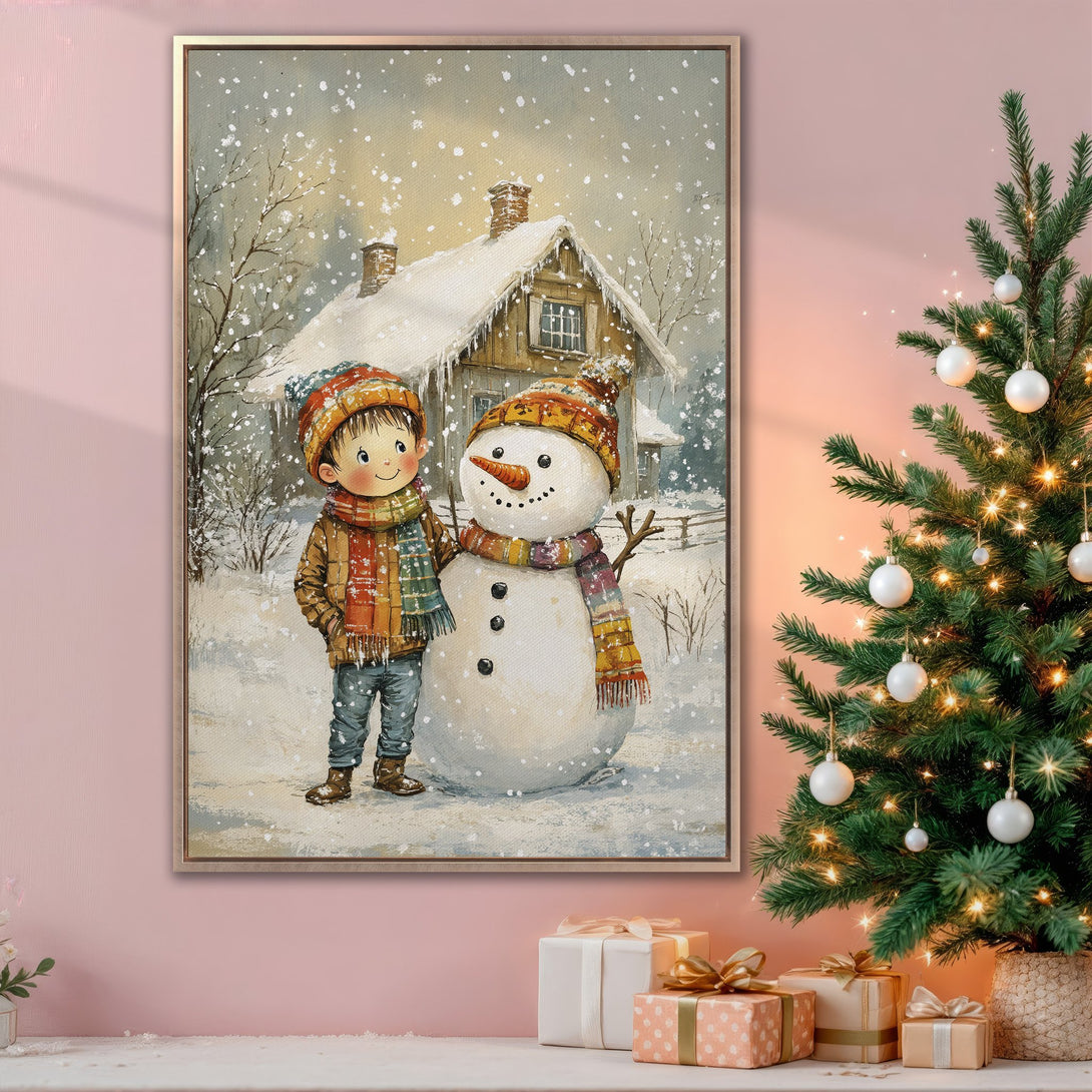 Framed Wall Art: Watercolor painting of a boy and snowman in a winter scene. Warm, inviting colors with a festive holiday vibe. Perfect for Christmas decor.