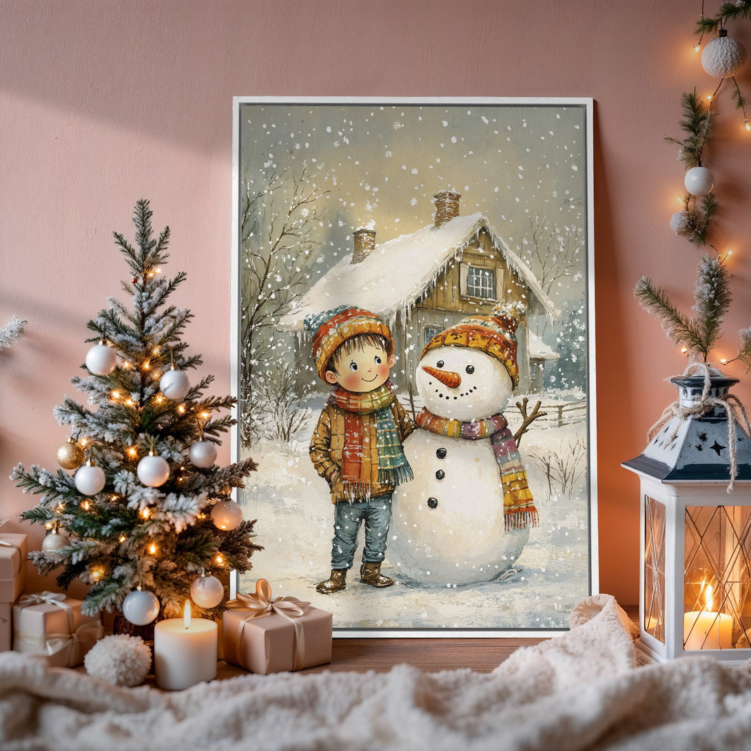 Framed Wall Art: Watercolor painting of boy and snowman in winter scene. Warm, festive colors. Perfect Christmas decor.