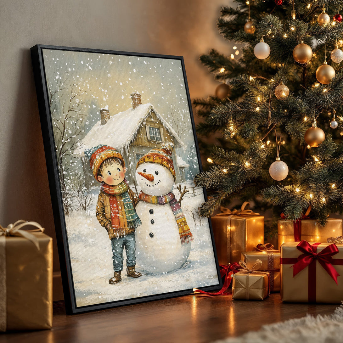 Framed Wall Art: Charming winter scene with a boy and snowman, warm color palette. Perfect Christmas decor!