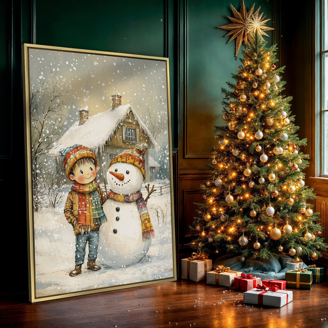 Canvas Print: Charming winter scene of a boy and snowman in a watercolor style, with a warm, cozy color palette. Perfect holiday decor!