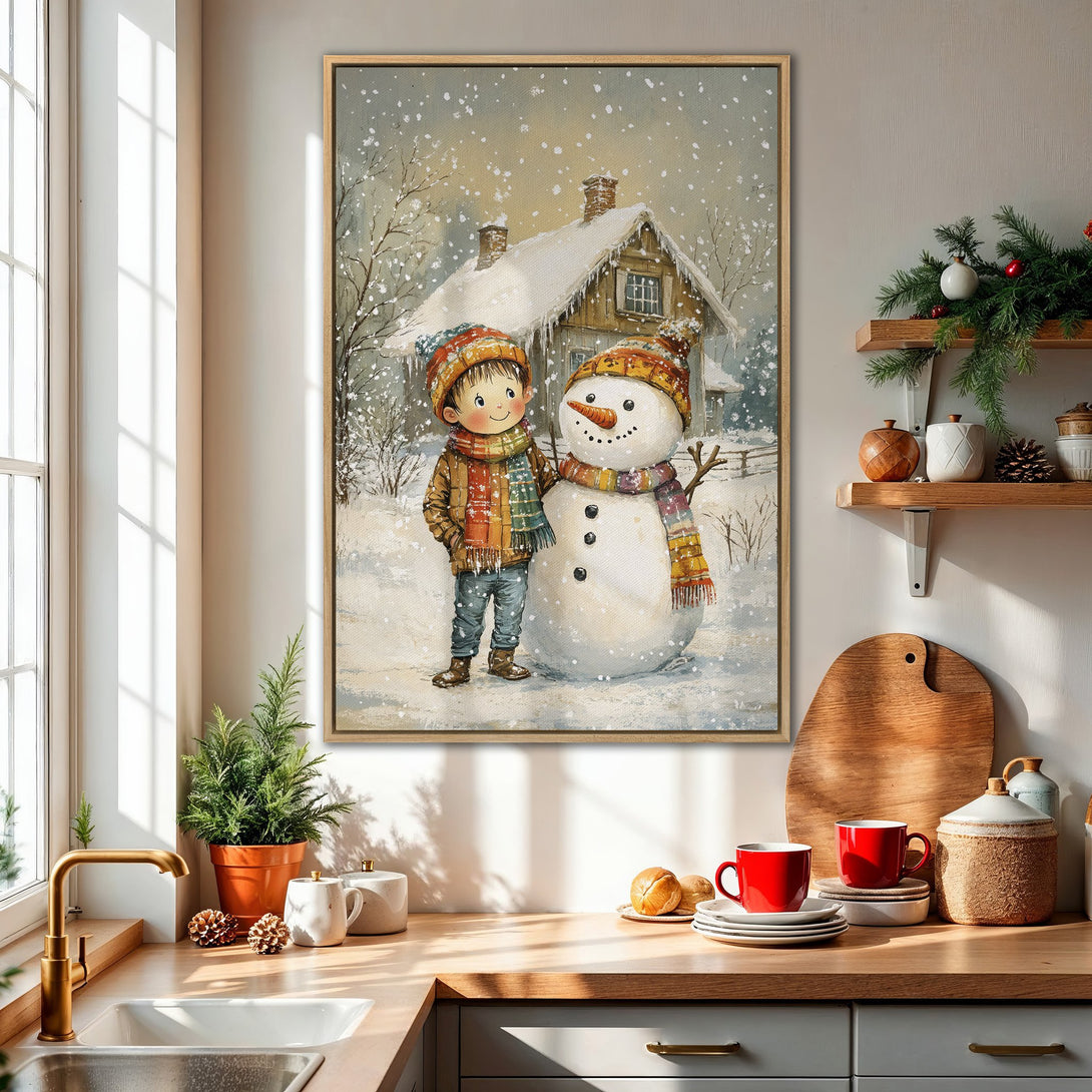 Framed Wall Art: Whimsical winter scene with boy & snowman, soft watercolor style, neutral & warm color palette, perfect for cozy home decor.