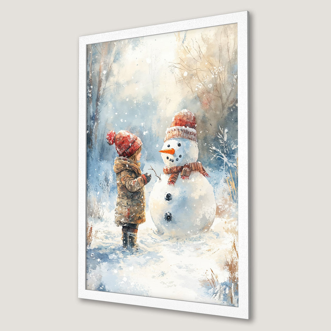 Framed Poster featuring a child building a snowman in a watercolor style. Soft blues, browns, and reds create a cozy winter scene.