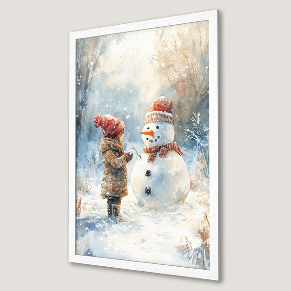 Framed Poster featuring a child building a snowman in a watercolor style. Soft blues, browns, and reds create a cozy winter scene.