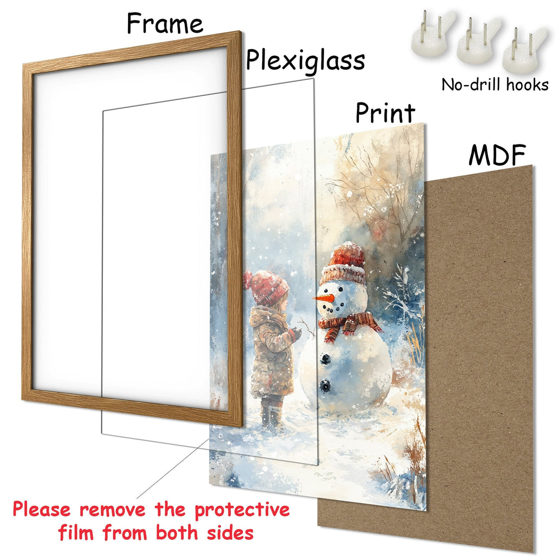Framed Poster featuring a winter scene with a child and snowman, painted in a watercolor style with a soft blue and brown color palette.