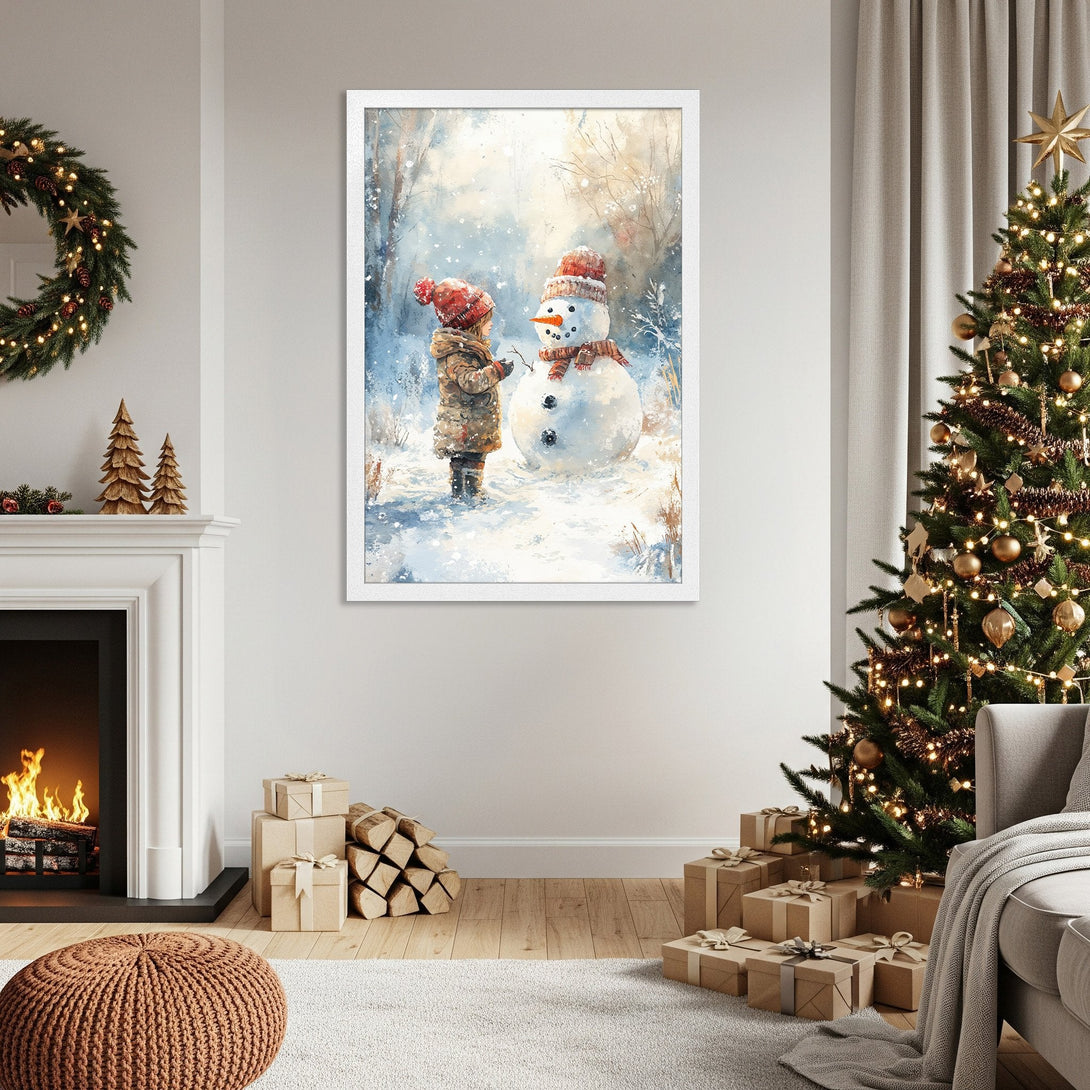 Framed Poster featuring a child building a snowman in watercolor style. Winter scene with blue, white, and warm red tones. Perfect Christmas decor.
