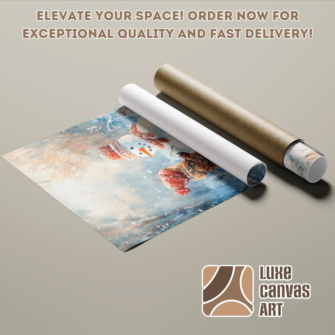 Watercolor snowman Poster Roll, blue and brown palette, perfect for winter decor.