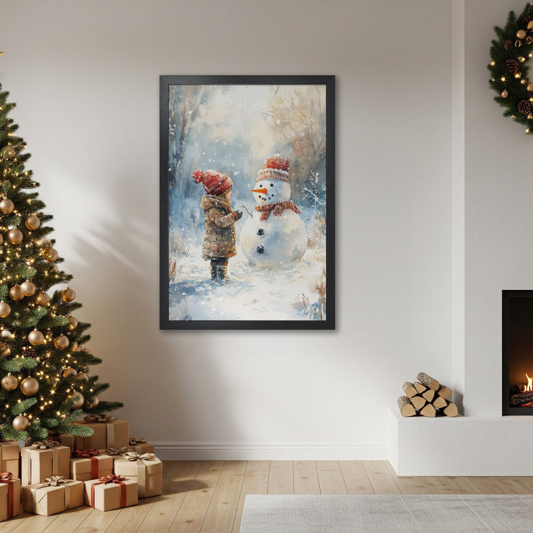 Framed Poster featuring a child building a snowman in a winter watercolor style. Soft blues, whites, and reds create a cozy Christmas vibe.