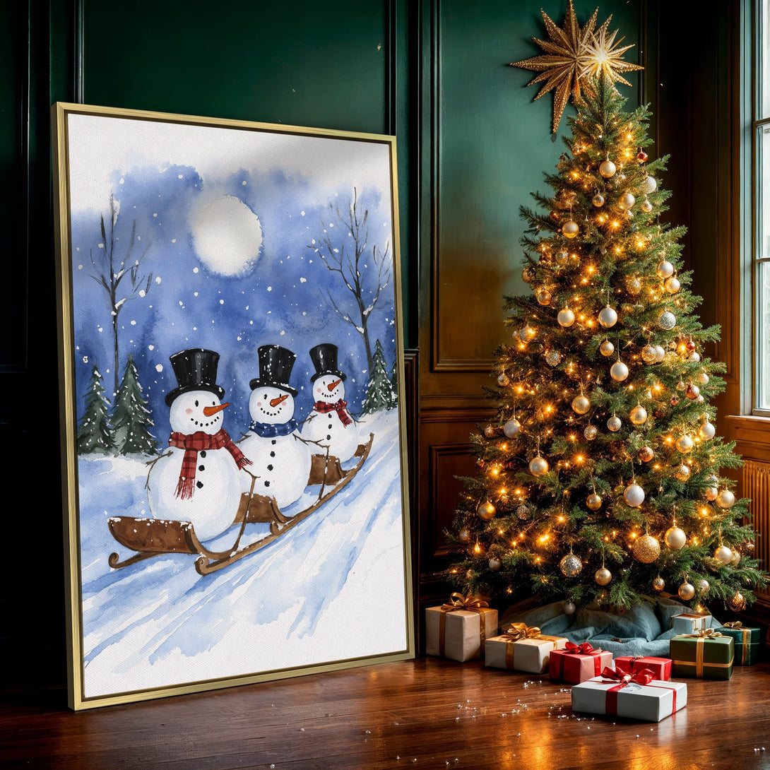 Canvas Print of a whimsical watercolor snowman scene. Features a snowy landscape with a blue and white color palette, perfect for winter decor.