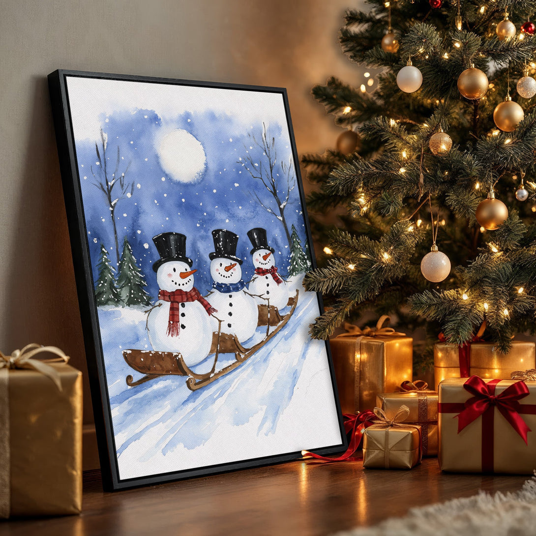 Framed Wall Art: Watercolor snowman scene in winter blue and white. Perfect Christmas decor! Add festive charm to your home with this Canvas Print.