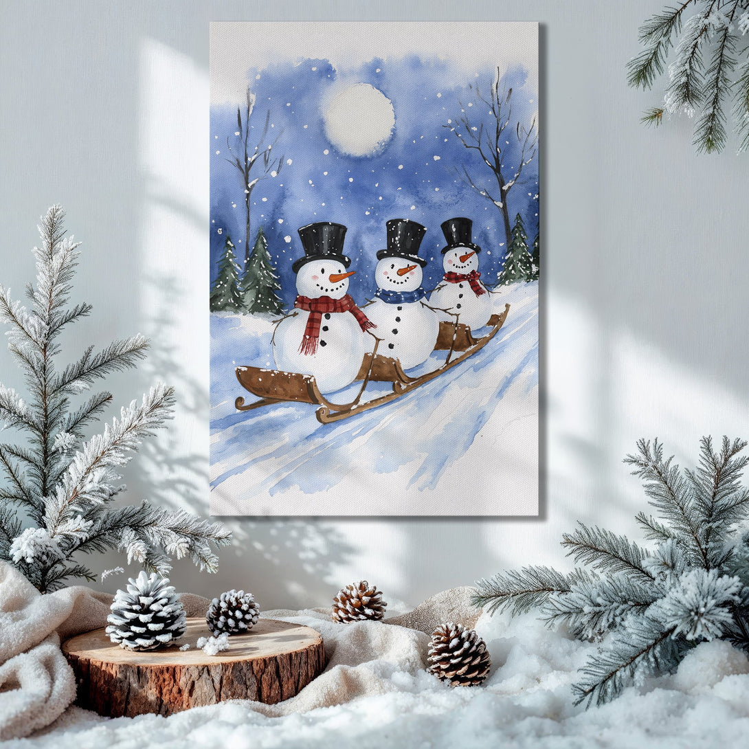 Framed Wall Art: Watercolor snowman scene in blue & white, perfect for winter decor. Festive art for your home!