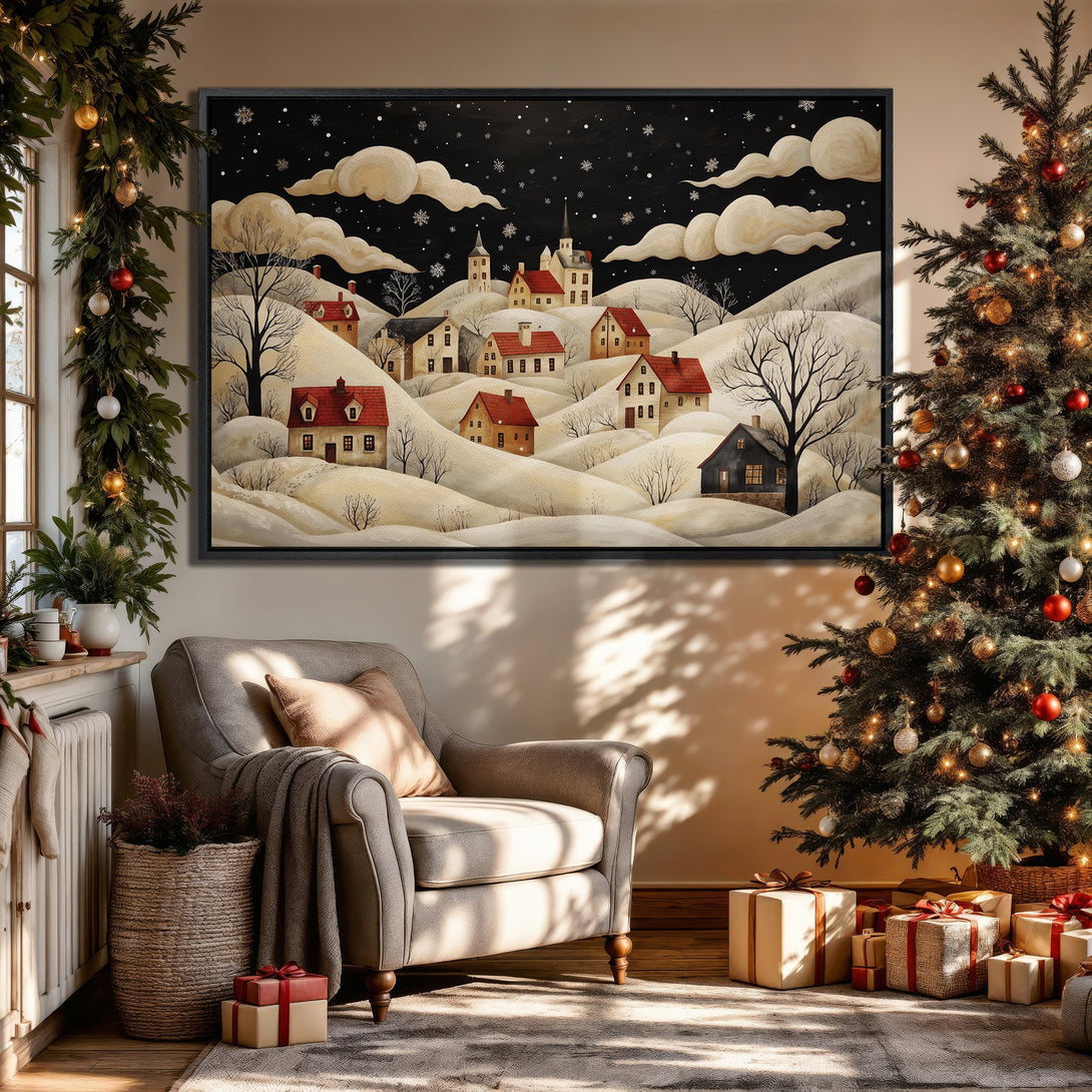 Framed Wall Art: Winter village scene with red roofs & black sky. Cozy, neutral color palette. Perfect holiday decor for a warm, inviting space.