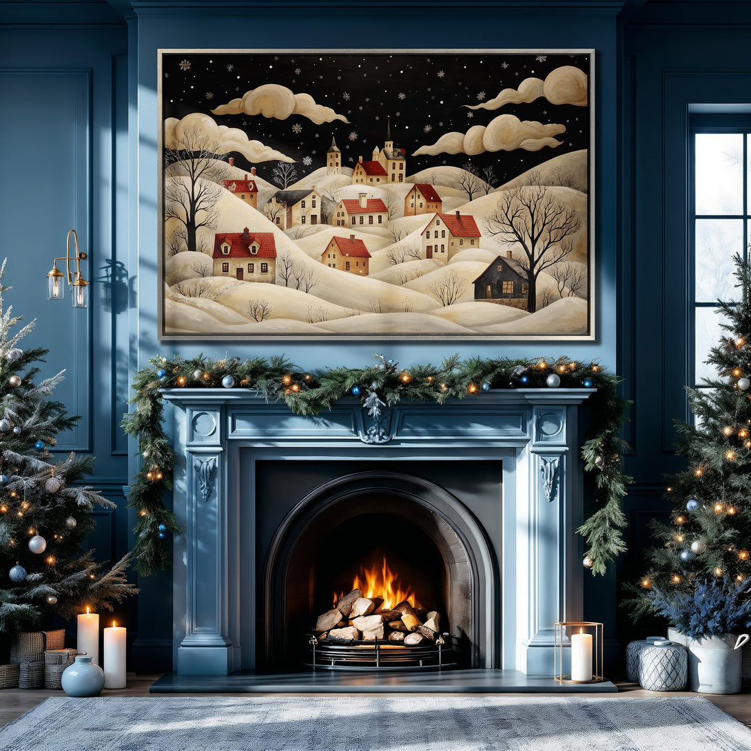 Framed Wall Art: Winter village scene in a cozy interior. Neutral & blue color palette. Perfect for holiday decor. Add warmth & style to your space!