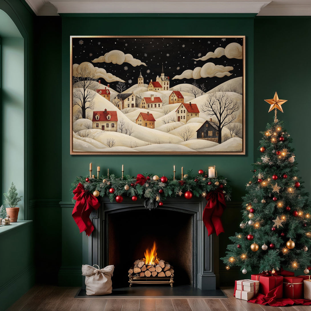 Framed Wall Art: Winter village scene in a cozy interior. Features a warm, neutral color palette with pops of red. Perfect for holiday decor.