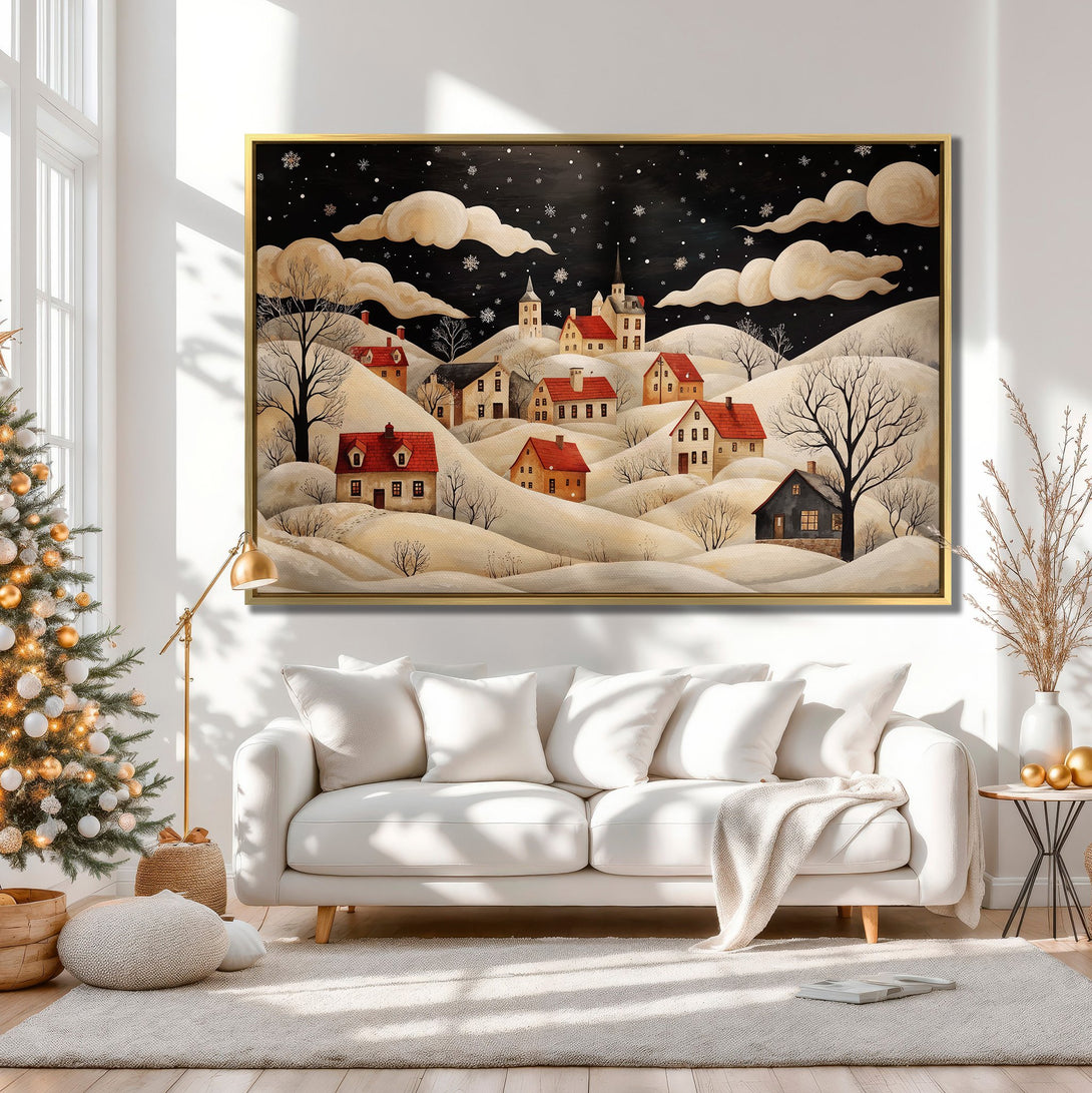 Canvas Print of a winter village scene in neutral and red tones. Perfect for adding cozy, rustic charm to your home decor.