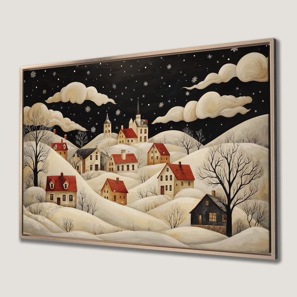 Framed Wall Art: Winter village scene in a whimsical, folk art style. Warm beige, red, and black color palette. Perfect for cozy home decor.