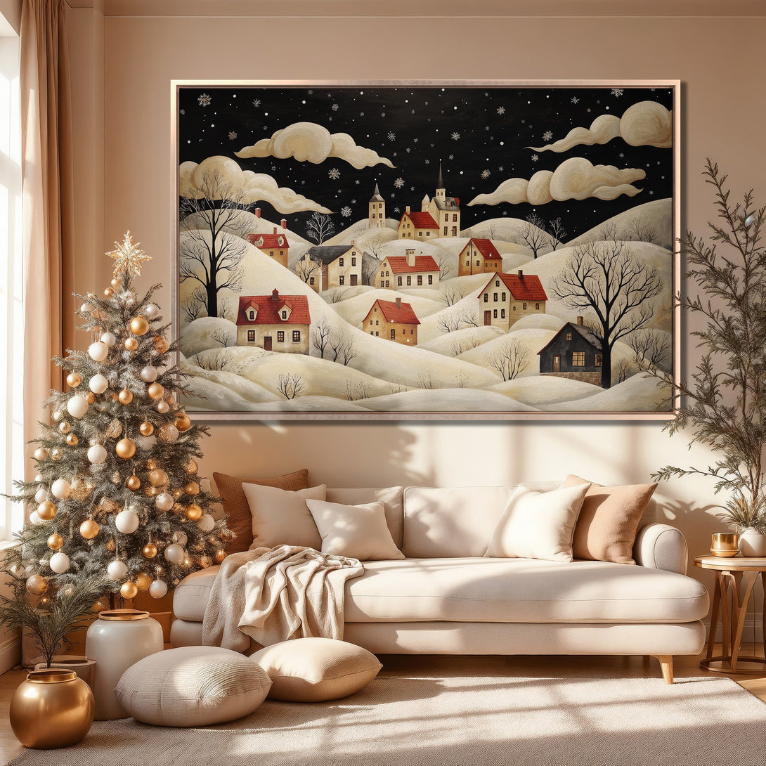 Framed Wall Art: Winter village scene in neutral tones. Cozy interior decor with a warm, inviting color palette. Perfect for holiday home styling.