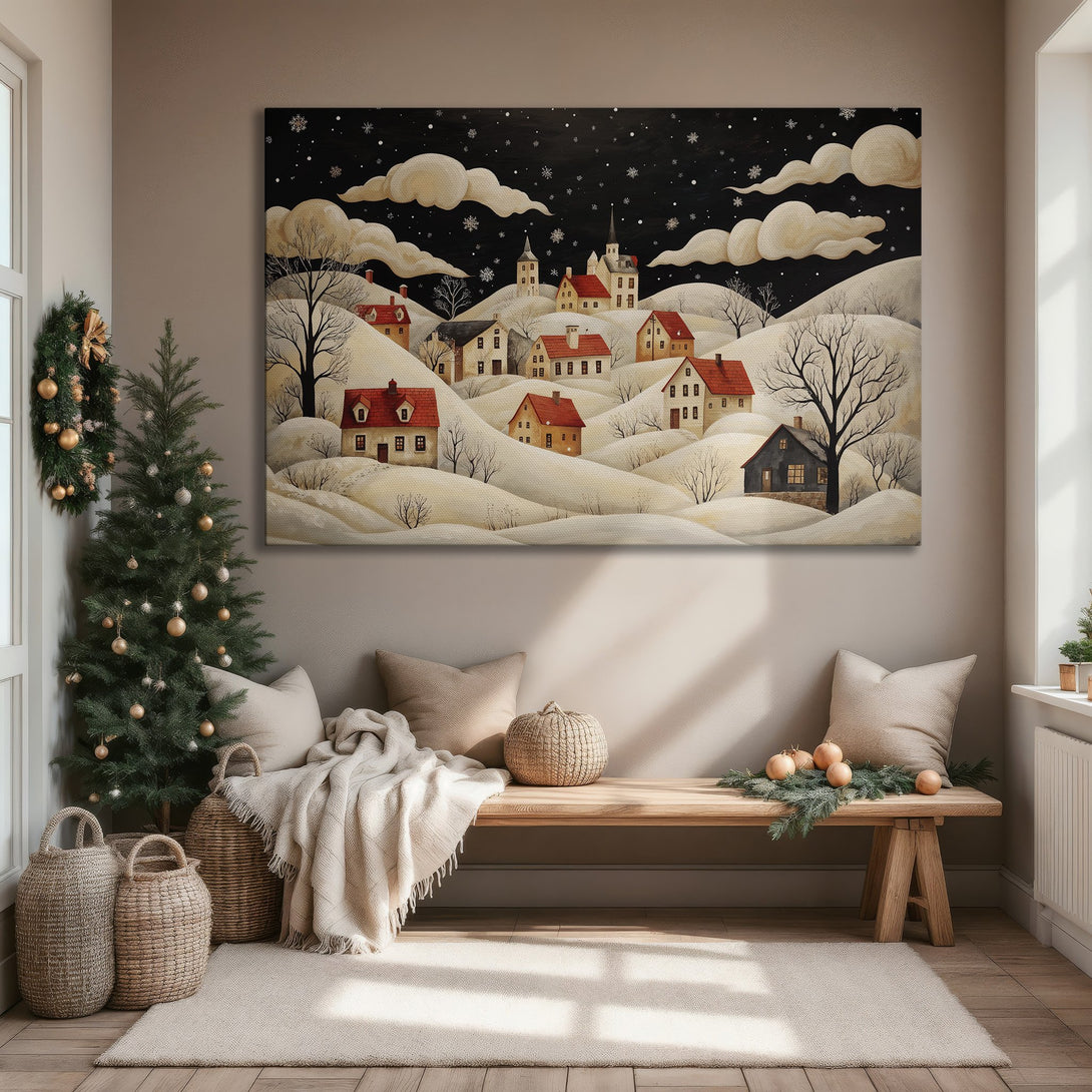 Framed Wall Art: Winter village scene in a whimsical style with a black, beige, and red color palette. Perfect for cozy home decor.