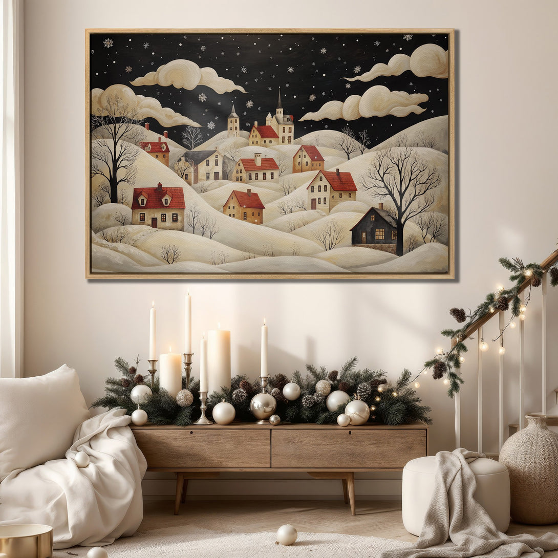 Framed Wall Art: Cozy winter village scene in a folk art style, featuring a snowy landscape with red-roofed houses. Neutral color palette, perfect for home decor.