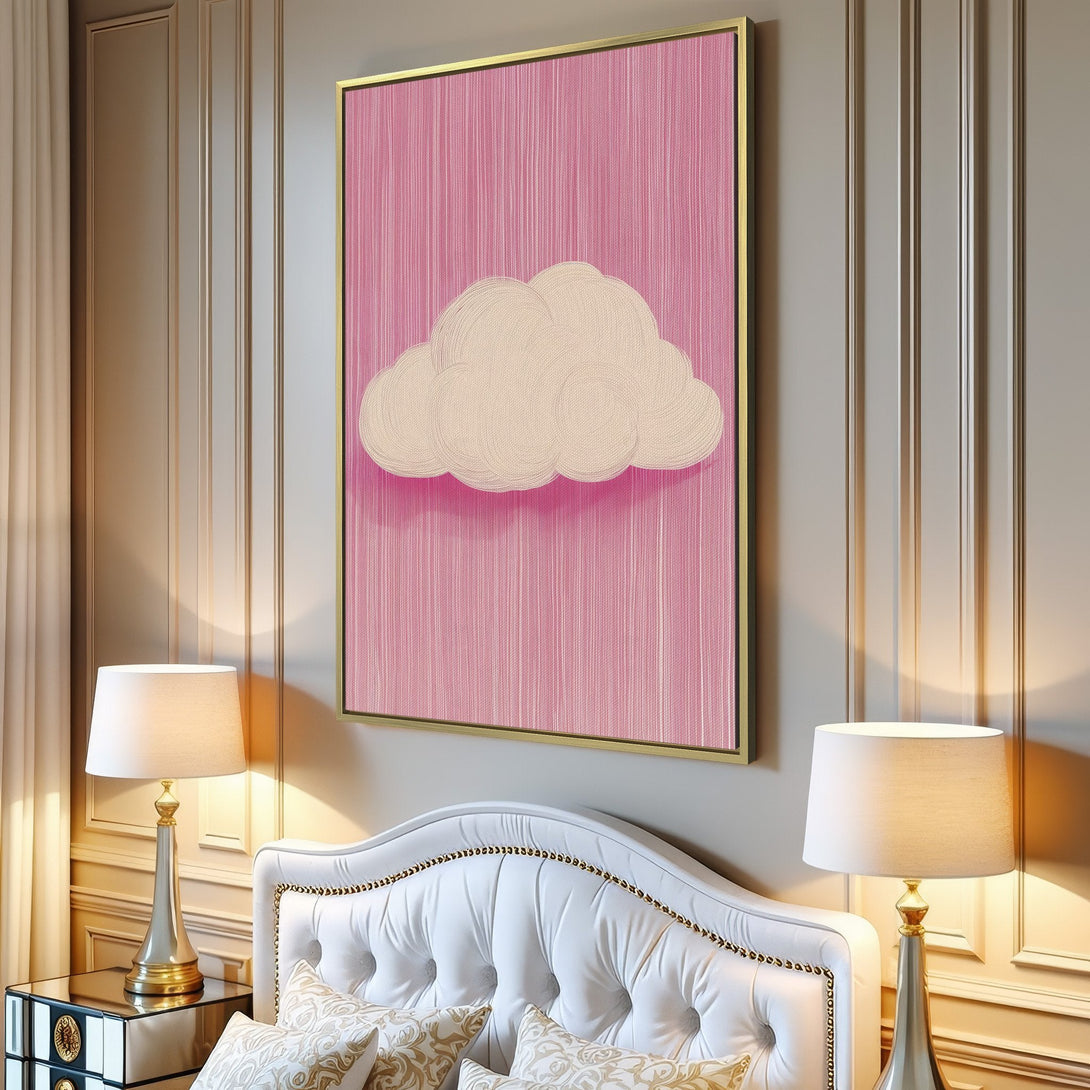 Canvas Print featuring a whimsical cloud design in a pink and beige color palette, perfect for adding a touch of charm to any room.