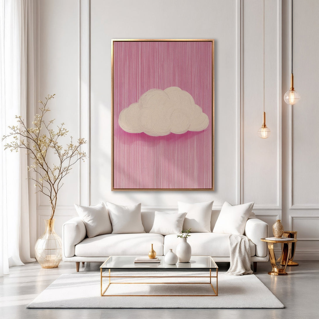 Framed Wall Art: Pink cloud art print in a modern living room. Pastel color palette with a minimalist style. Perfect for adding a touch of whimsy to your space.