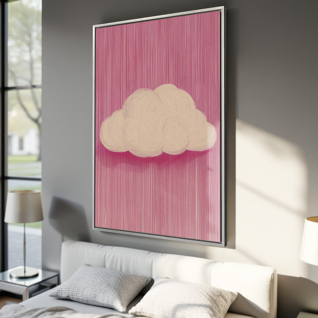 Framed Wall Art: Abstract cloud design in pink and beige tones. Modern art for bedroom decor. Add a touch of whimsy to your walls!