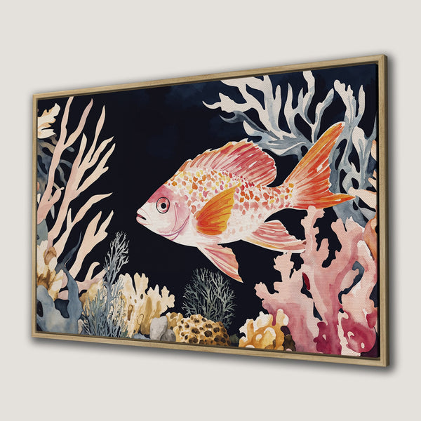 Framed Wall Art: Watercolor fish swimming in coral reef. Beautiful Canvas Print with a vibrant palette of red, orange, and blue hues. Perfect for coastal decor.