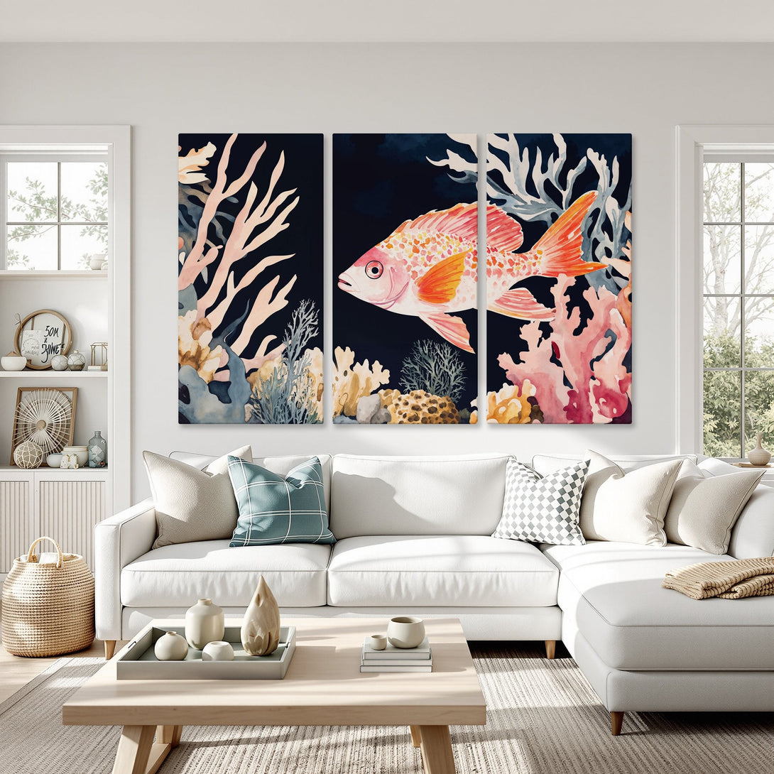 Canvas Print of a vibrant watercolor fish and coral reef. Features a dark blue background with coral, and a warm color palette. Perfect for coastal decor.