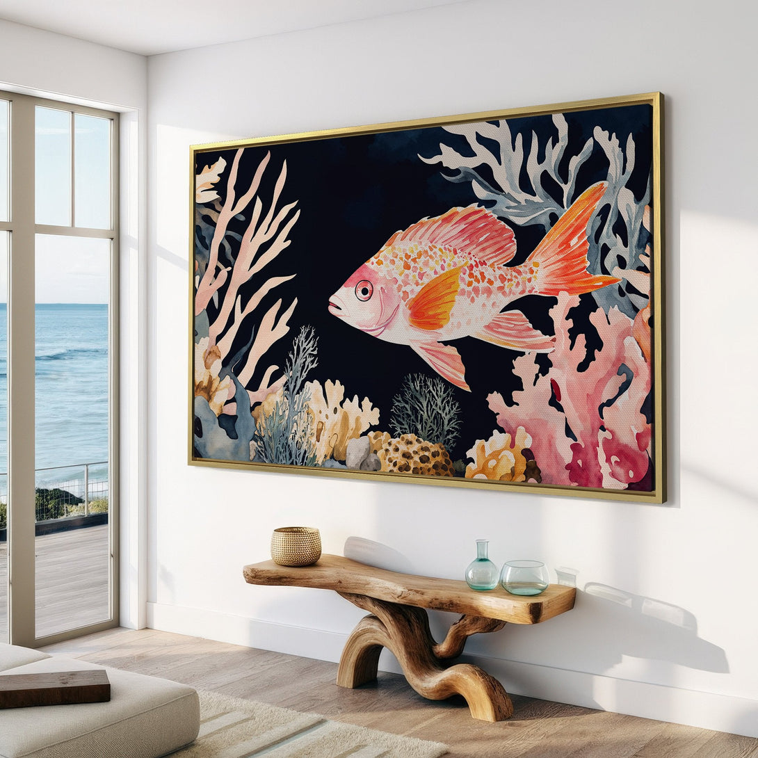 Canvas Print of a vibrant watercolor fish & coral reef art, featuring a warm coral & blue color palette, perfect for coastal decor.