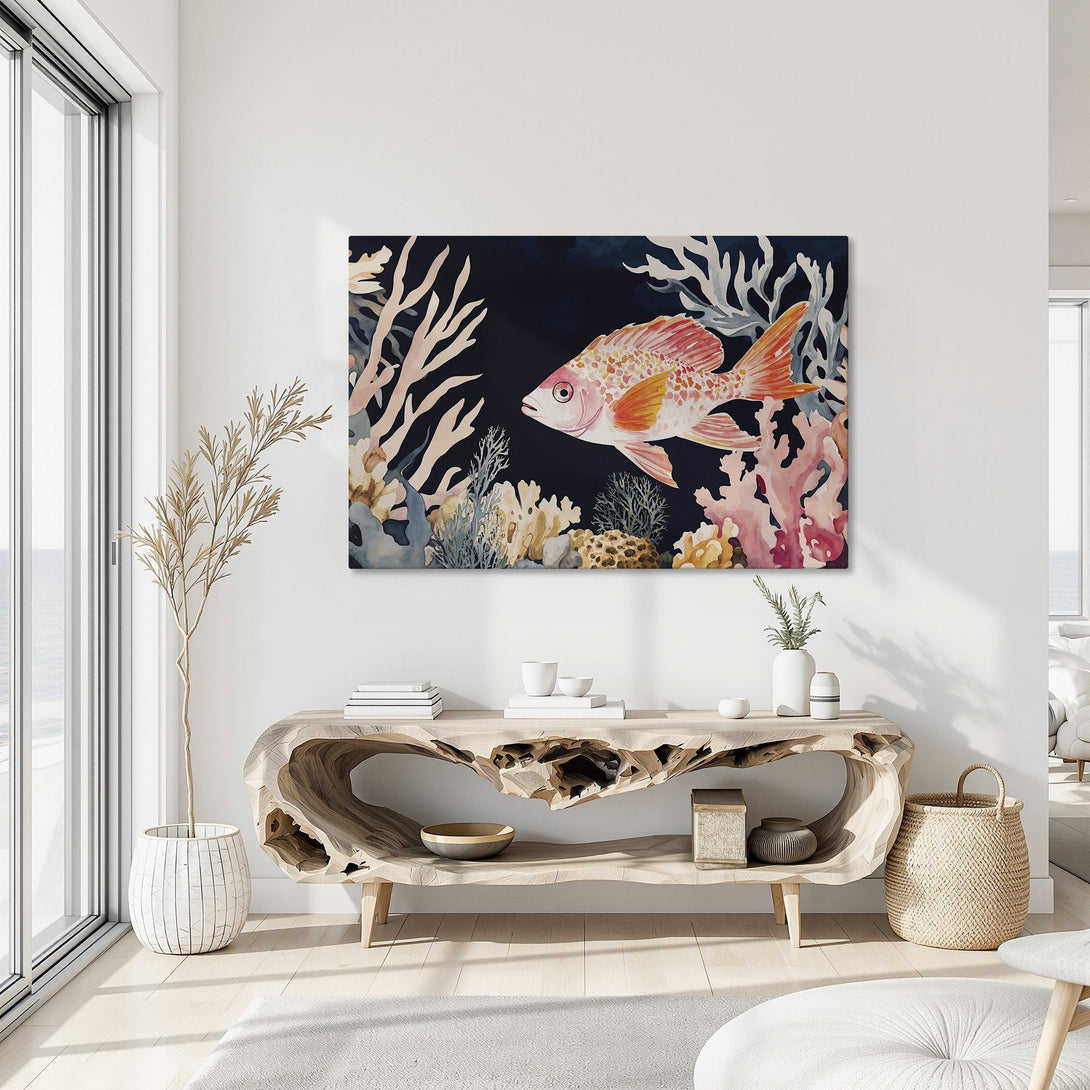 Framed Wall Art: Watercolor fish painting in a modern interior. Features a vibrant coral reef scene with a palette of pink, orange, and blue hues.